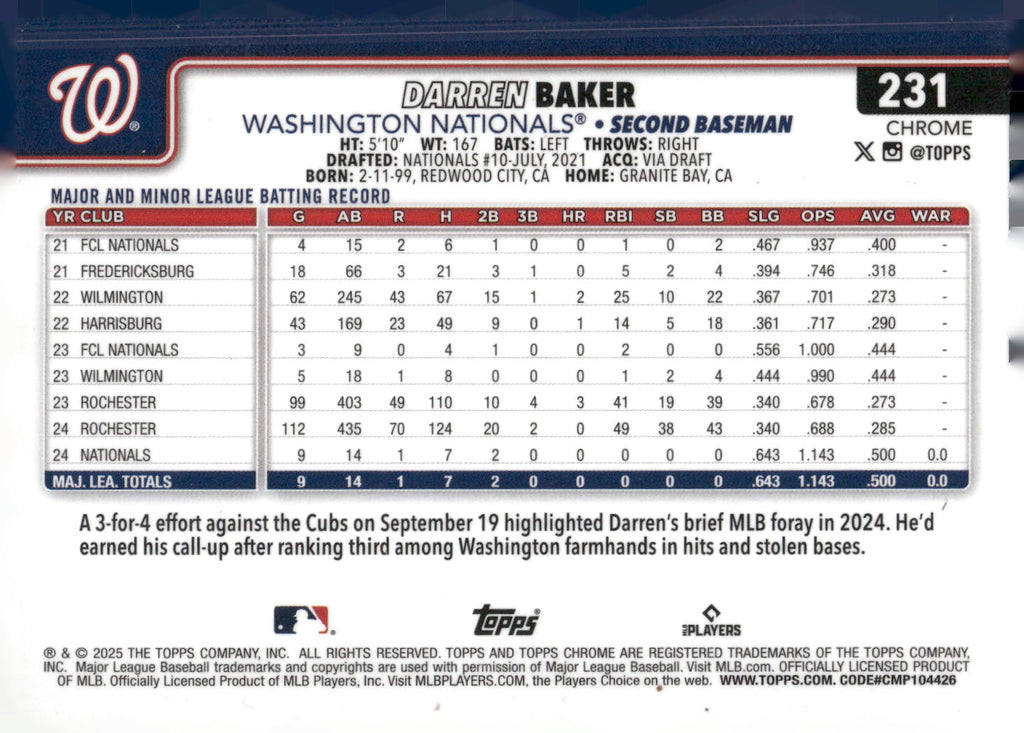 2025 Topps Chrome #231 Darren Baker