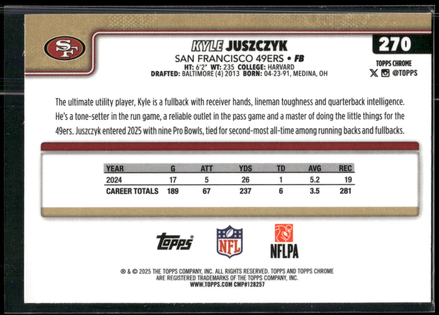 2025 Topps Chrome #270 Kyle Juszczyk