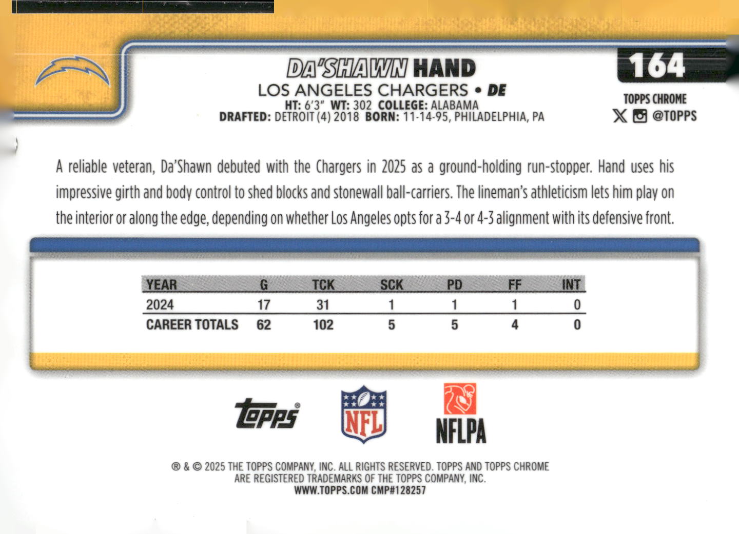 2025 Topps Chrome #164 Da'Shawn Hand