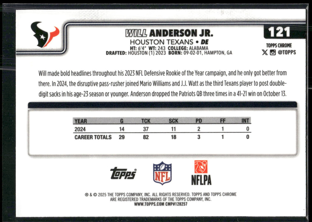 2025 Topps Chrome #121 Will Anderson Jr.