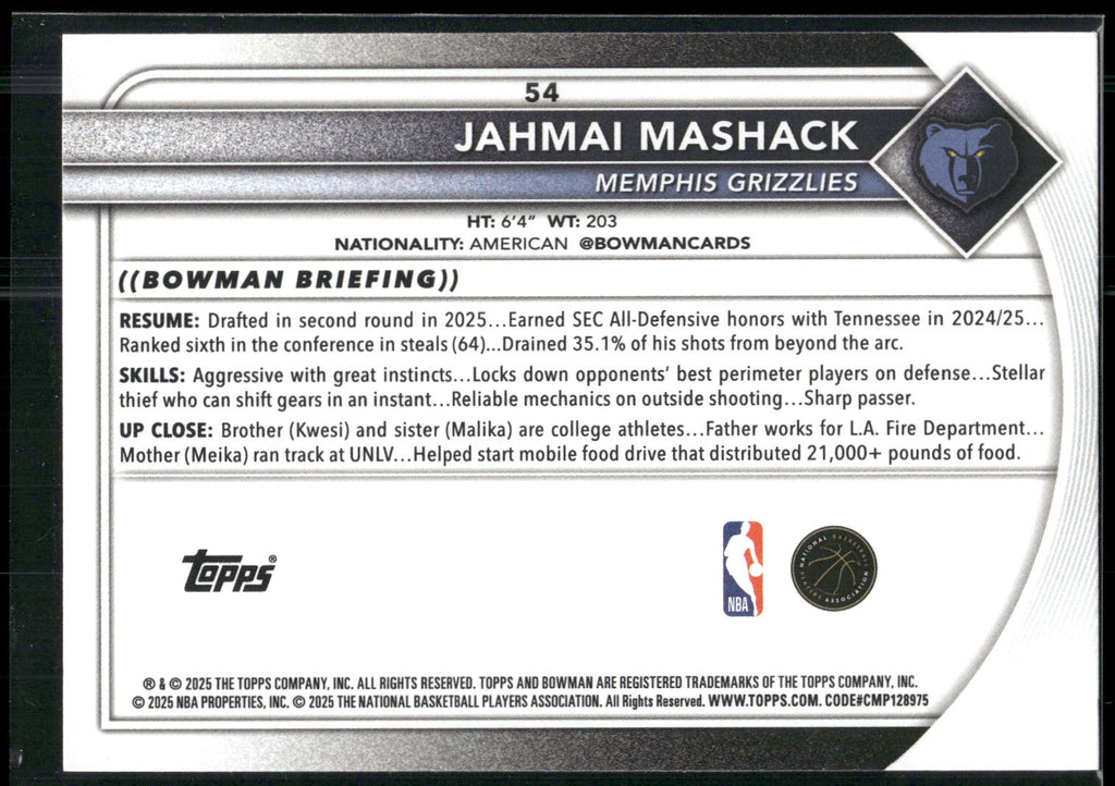 2025-26 Bowman #54 Jahmai Mashack