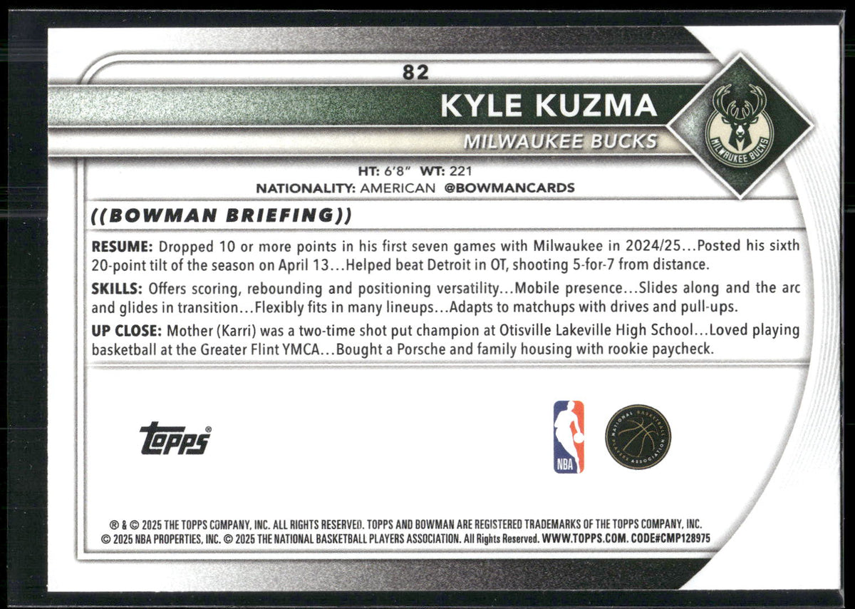 2025-26 Bowman #82 Kyle Kuzma