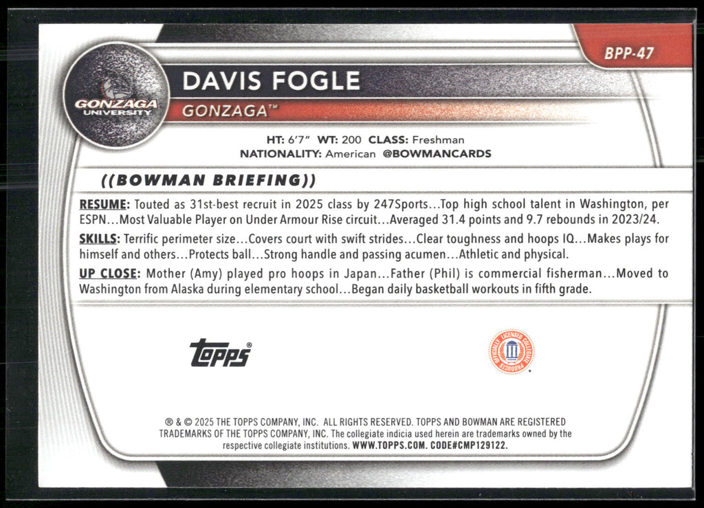 2025-26 Bowman #BPP-47 Davis Fogle Prospects