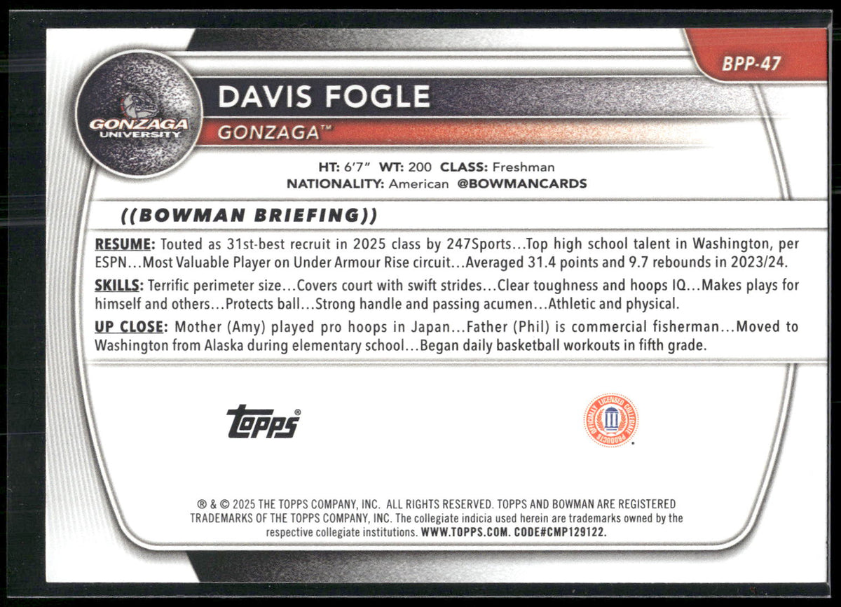 2025-26 Bowman #BPP-47 Davis Fogle Prospects