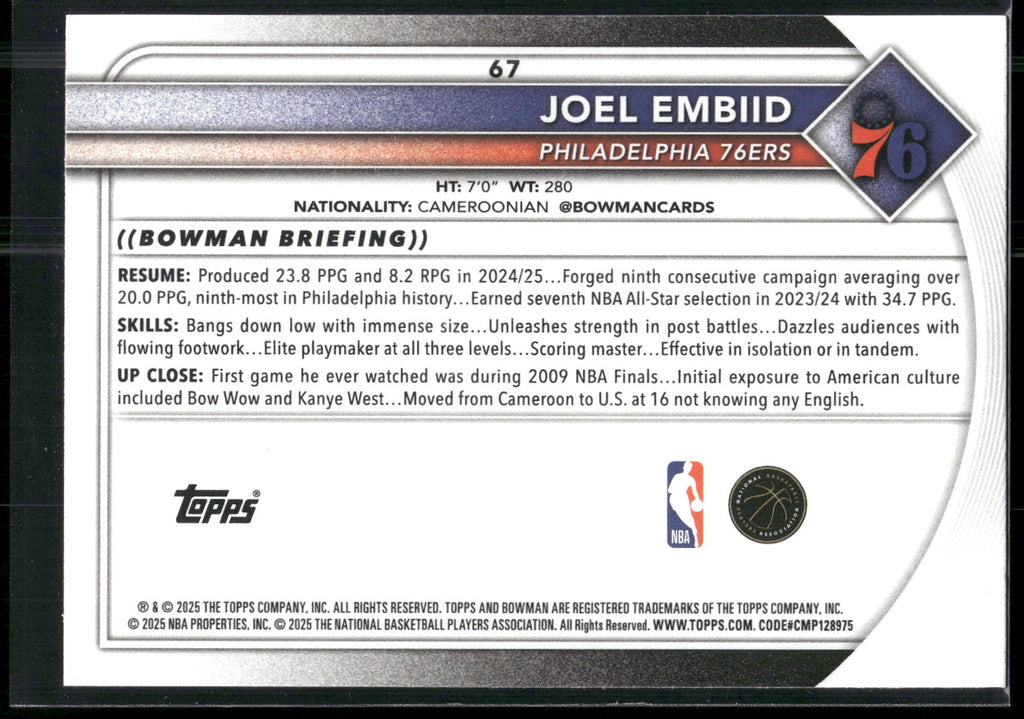2025-26 Bowman #67 Joel Embiid