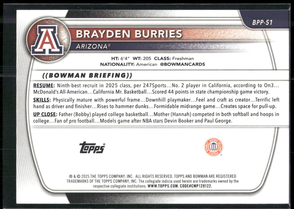 2025-26 Bowman #BPP-51 Brayden Burries Prospects