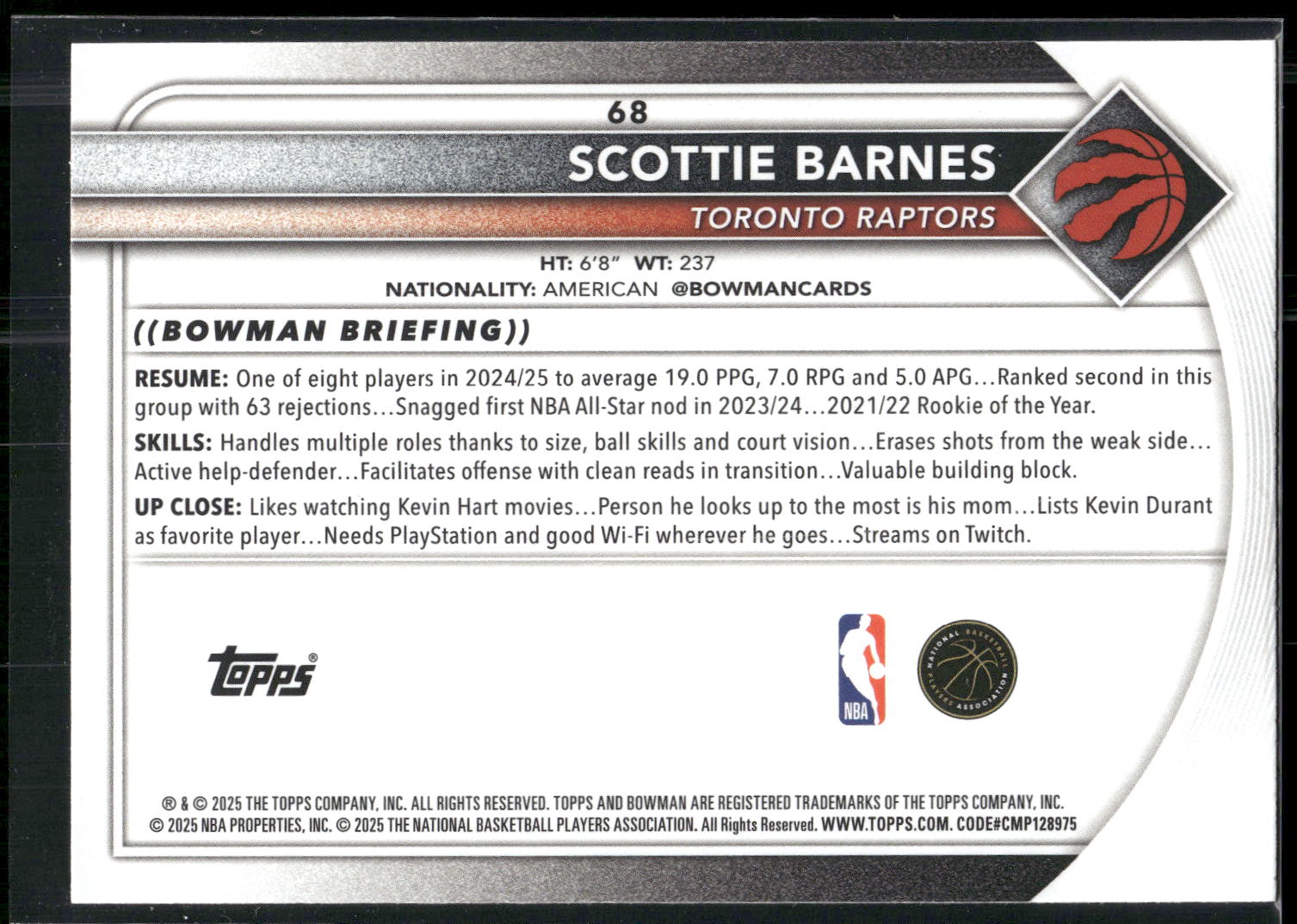 2025-26 Bowman #68 Scottie Barnes
