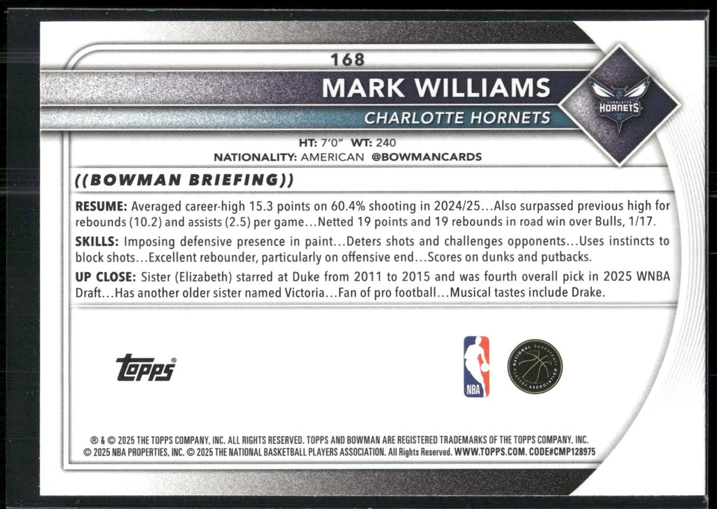 2025-26 Bowman #168 Mark Williams