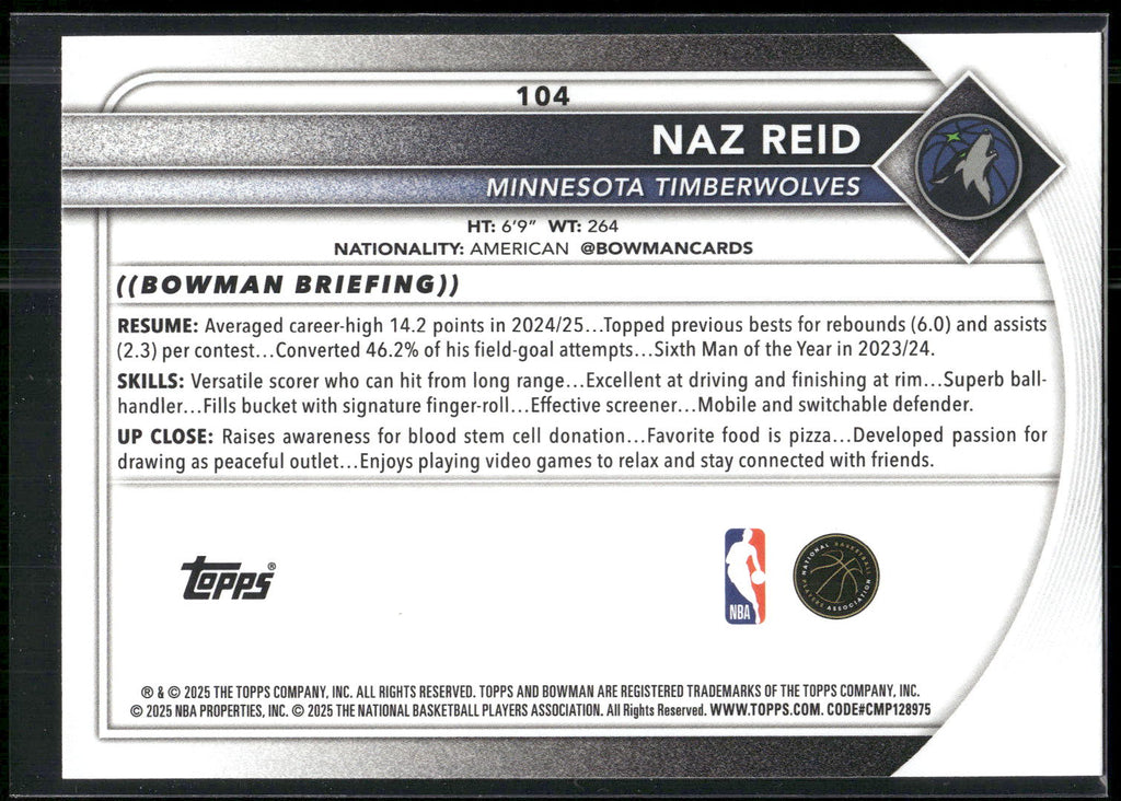 2025-26 Bowman #104 Naz Reid