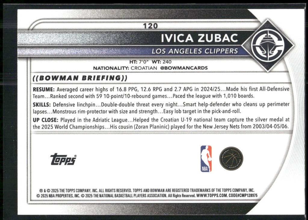 2025-26 Bowman #120 Ivica Zubac