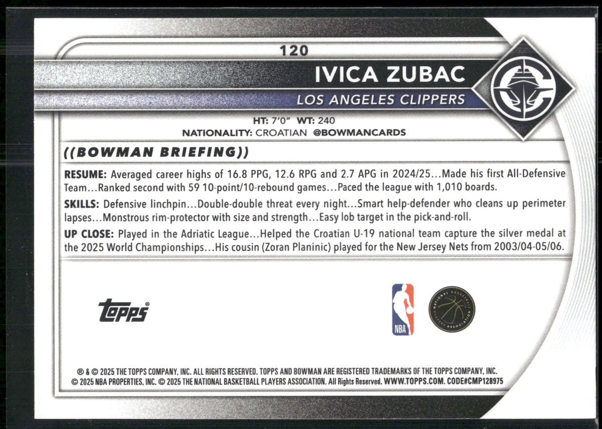 2025-26 Bowman #120 Ivica Zubac