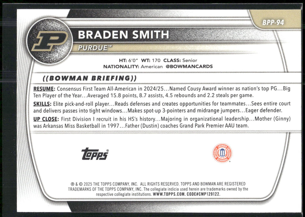 2025-26 Bowman #BPP-94 Braden Smith Prospects