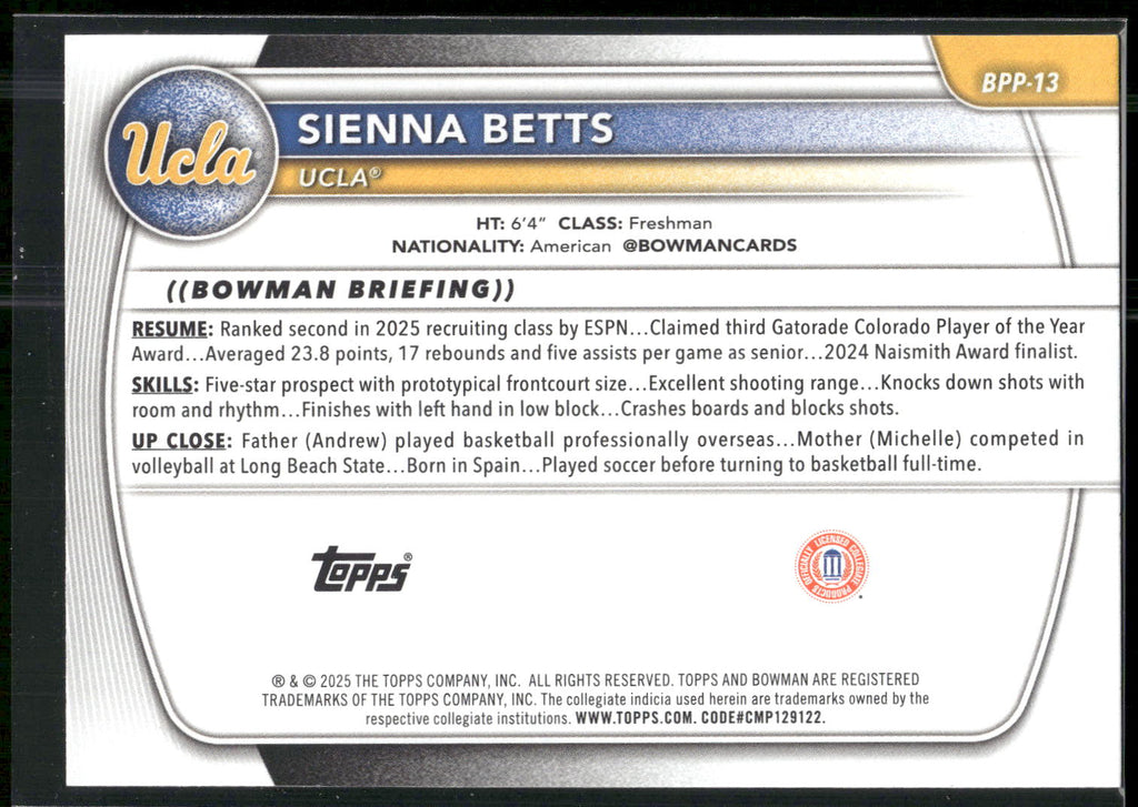 2025-26 Bowman #BPP-13 Sienna Betts Prospects