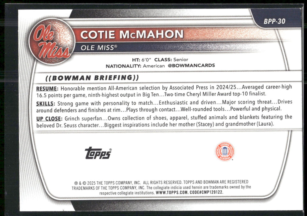 2025-26 Bowman #BPP-30 Cotie McMahon Prospects