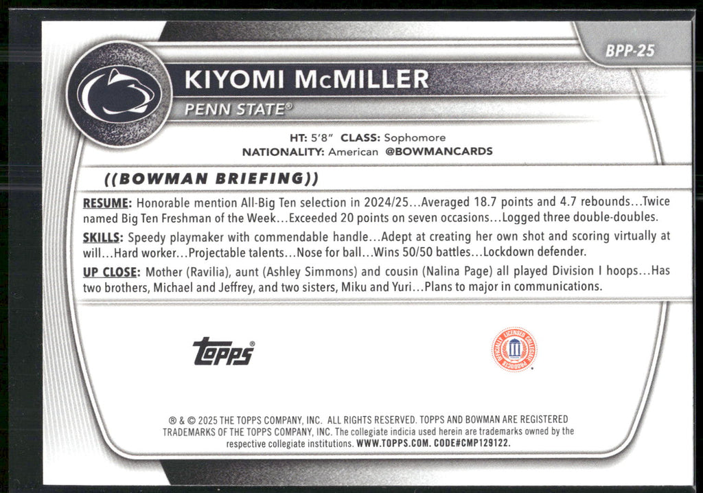 2025-26 Bowman #BPP-25 Kiyomi McMiller Prospects