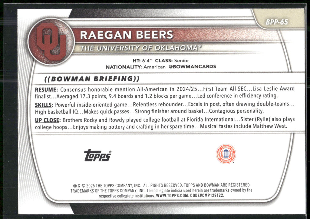 2025-26 Bowman #BPP-65 Raegan Beers Prospects