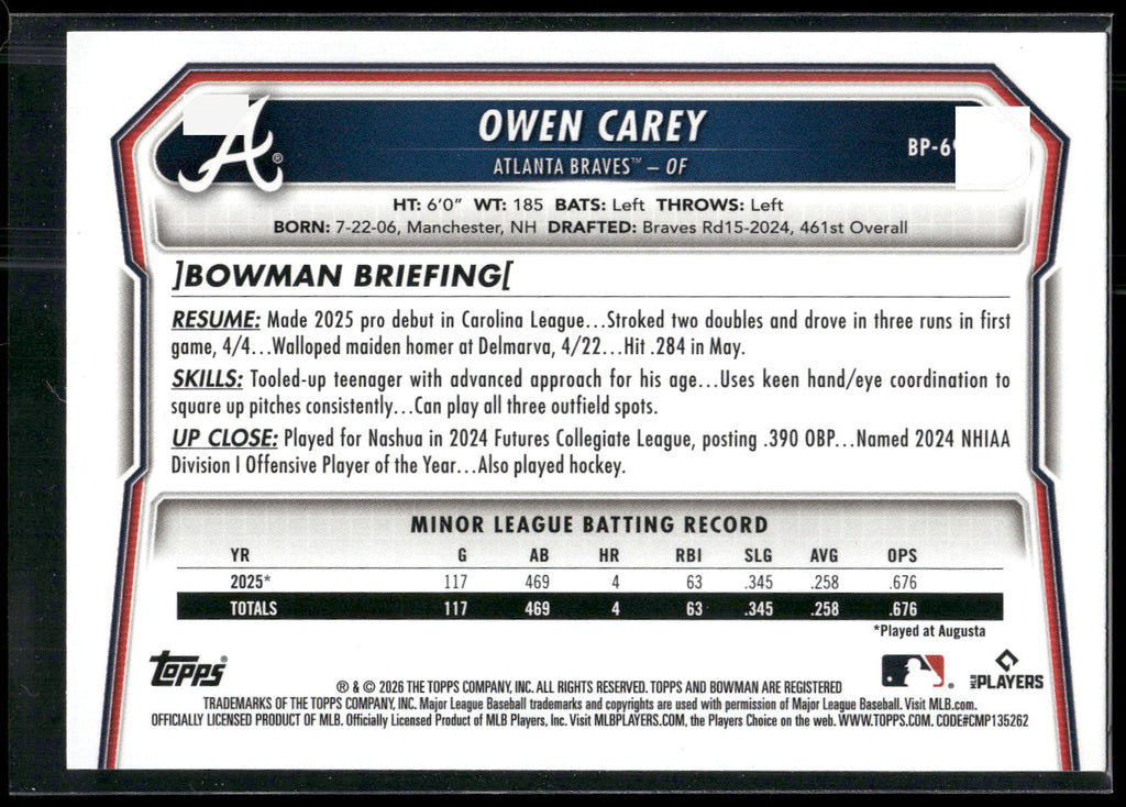 2026 Bowman #BP-69 Owen Carey Prospects