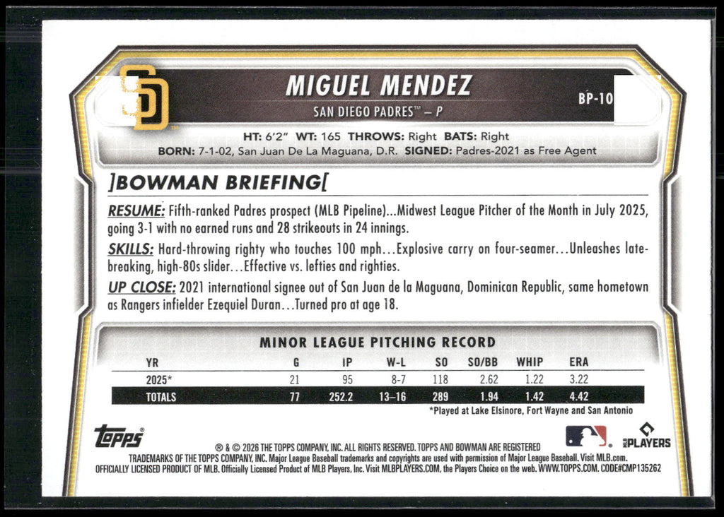 2026 Bowman #BP-107 Miguel Mendez Prospects
