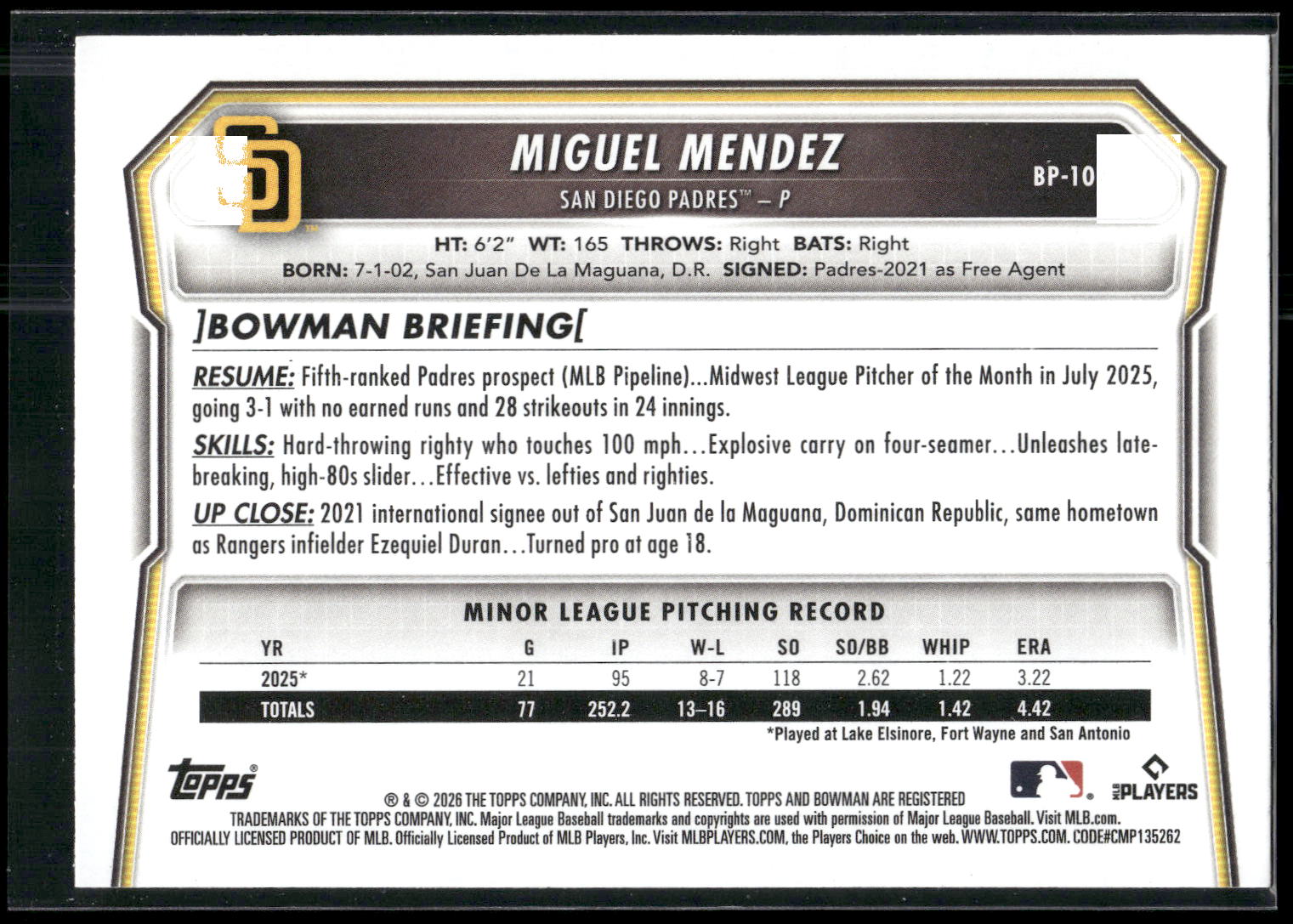 2026 Bowman #BP-107 Miguel Mendez Prospects