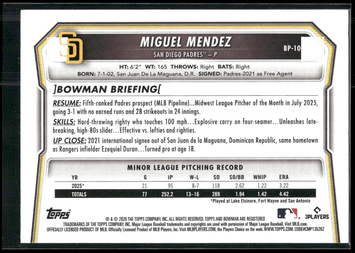 2026 Bowman #BP-107 Miguel Mendez Prospects