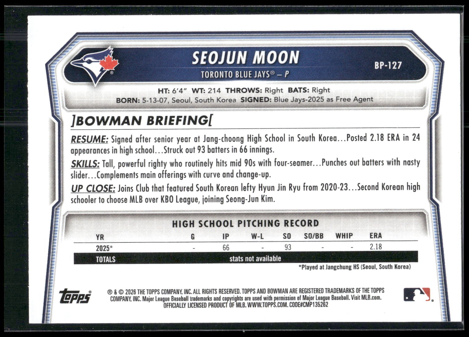 2026 Bowman #BP-127 Seojun Moon Prospects