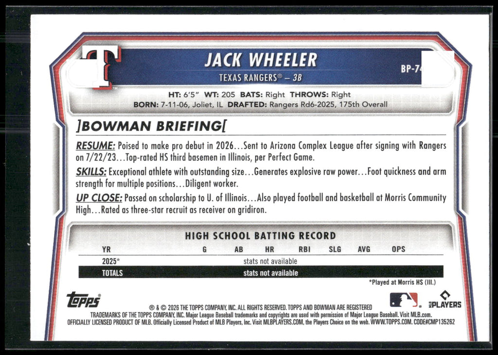 2026 Bowman #BP-74 Jack Wheeler Prospects