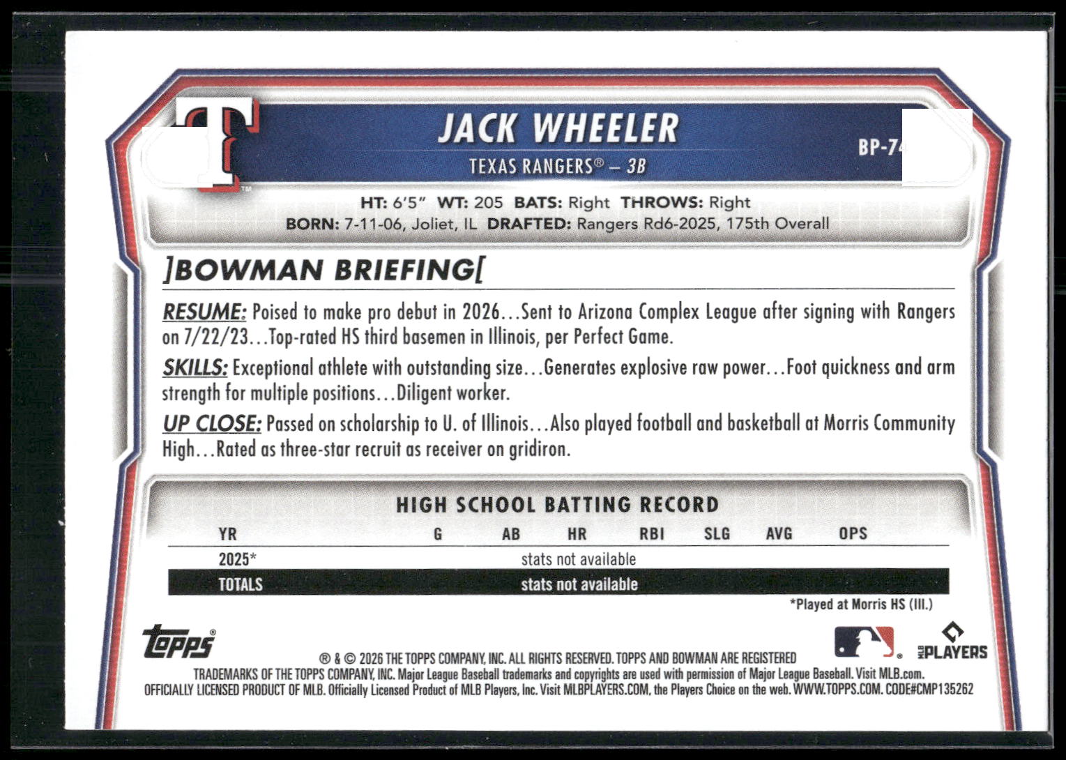 2026 Bowman #BP-74 Jack Wheeler Prospects