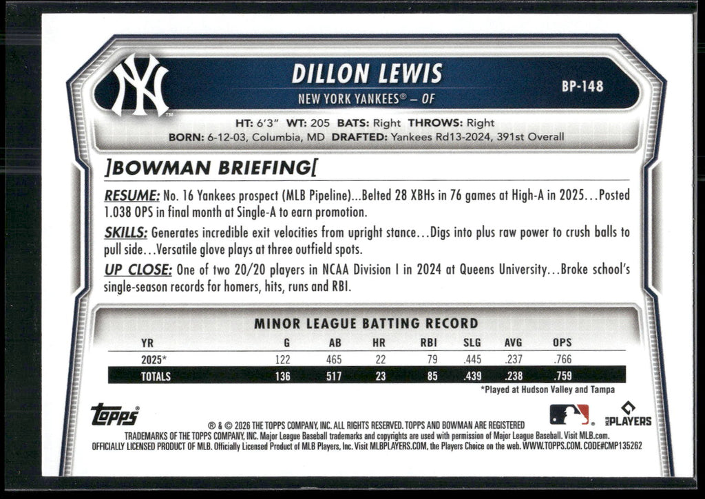 2026 Bowman #BP-148 Dillon Lewis Prospects