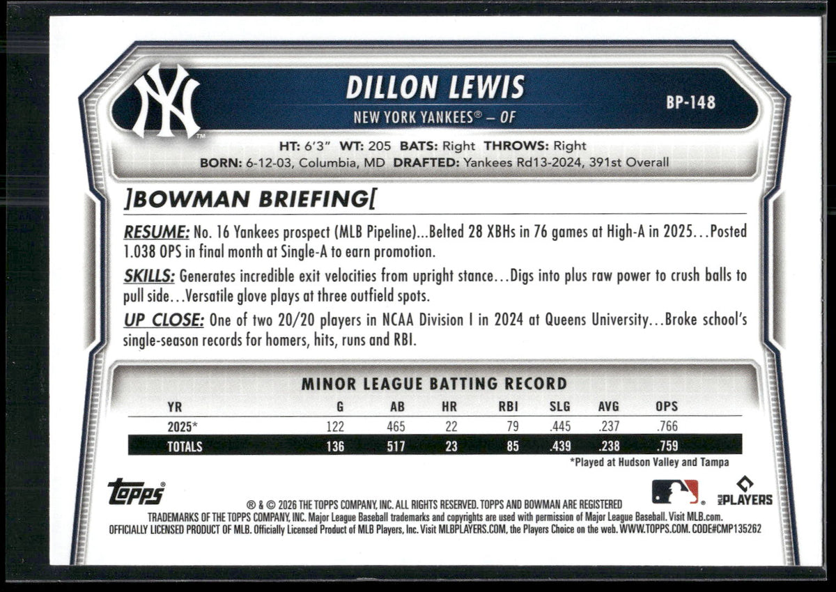 2026 Bowman #BP-148 Dillon Lewis Prospects