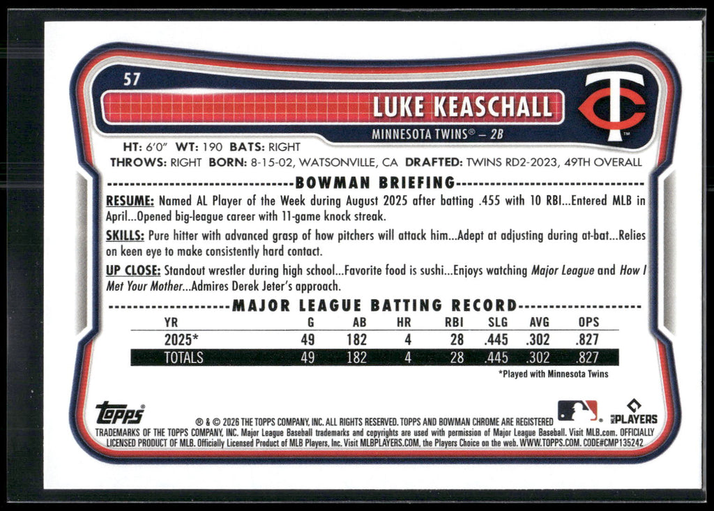2026 Bowman #57 Luke Keaschall