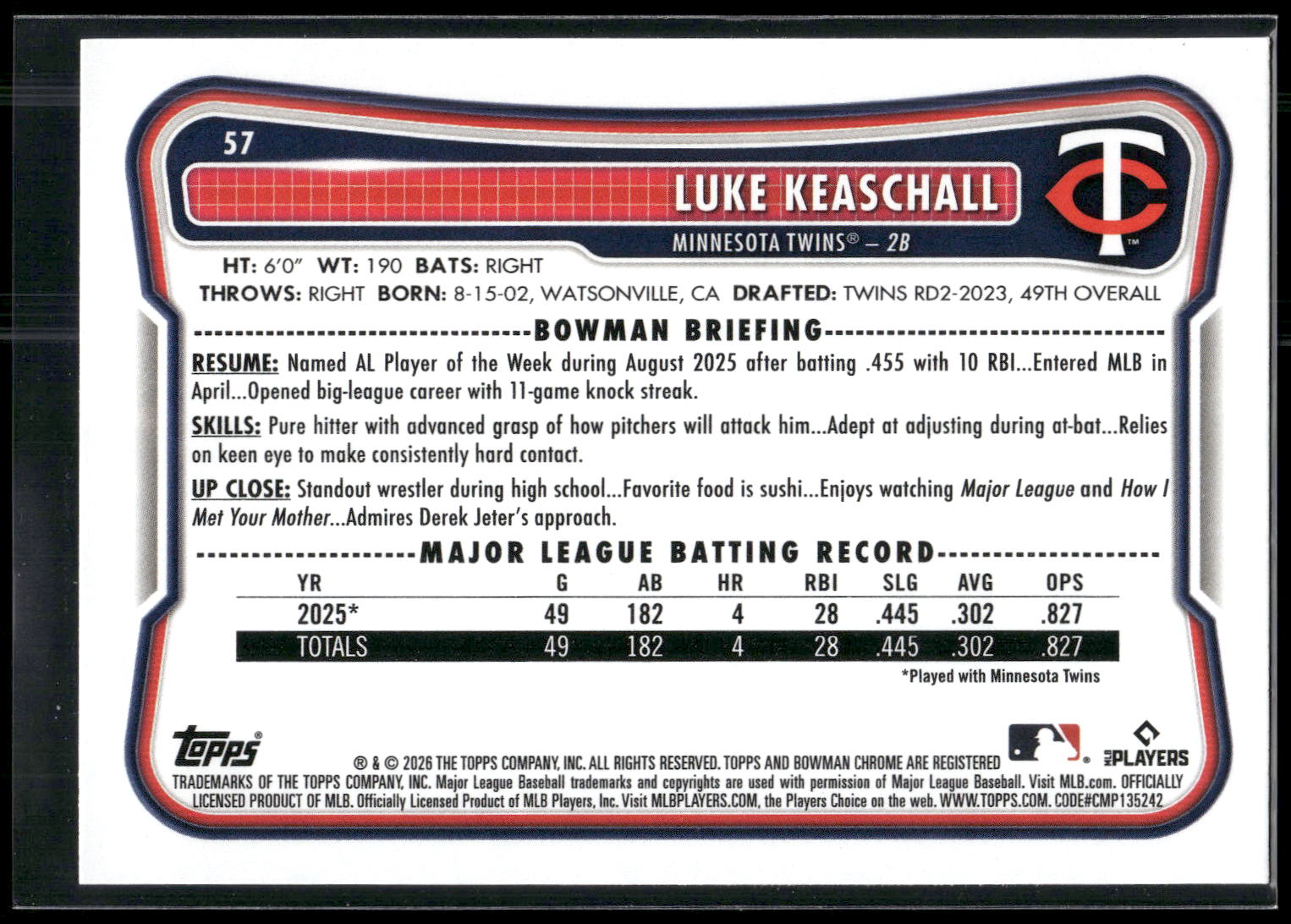 2026 Bowman #57 Luke Keaschall