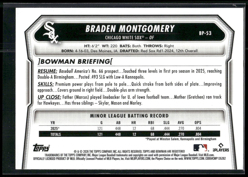 2026 Bowman #BP-53 Braden Montgomery Prospects