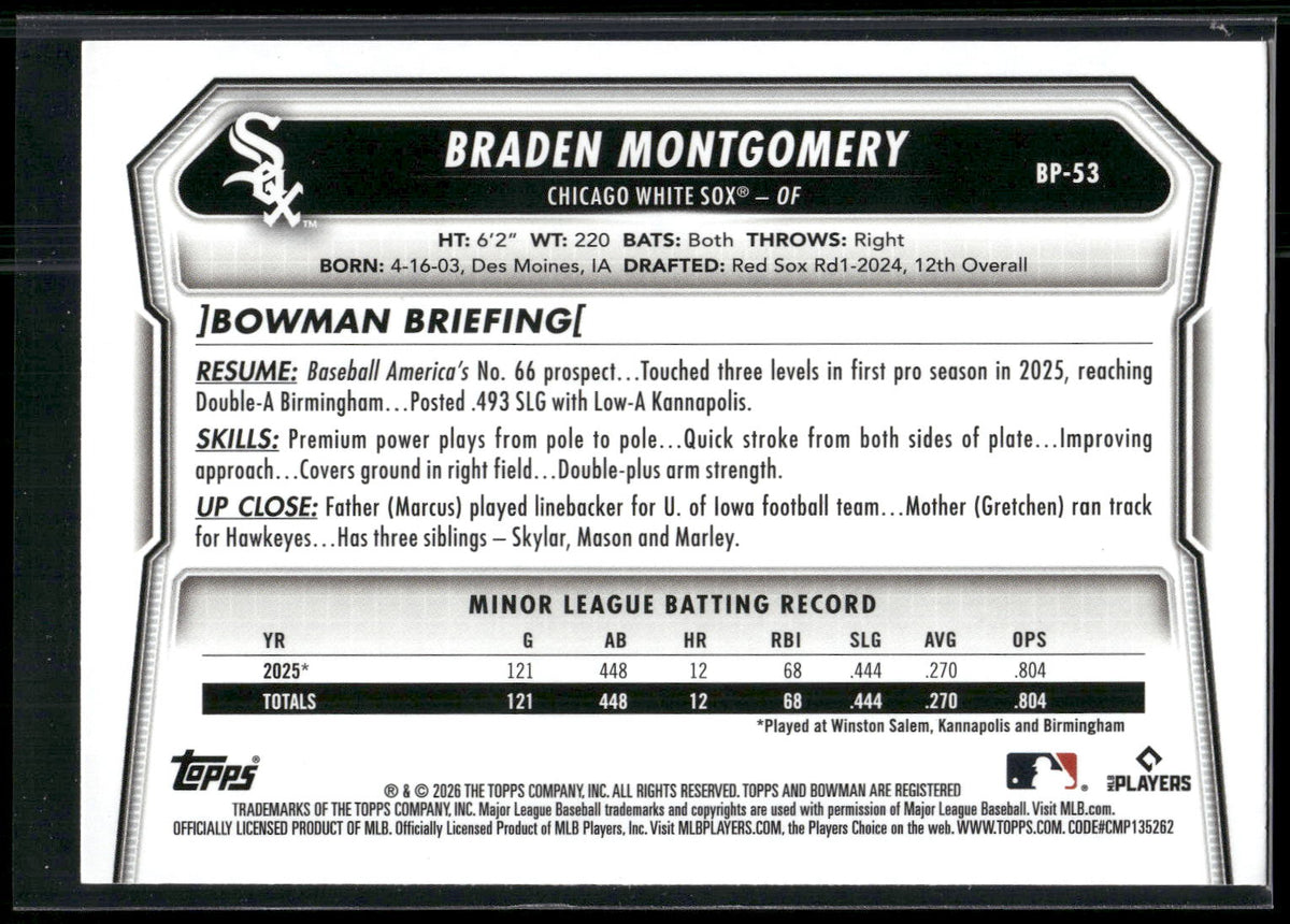 2026 Bowman #BP-53 Braden Montgomery Prospects