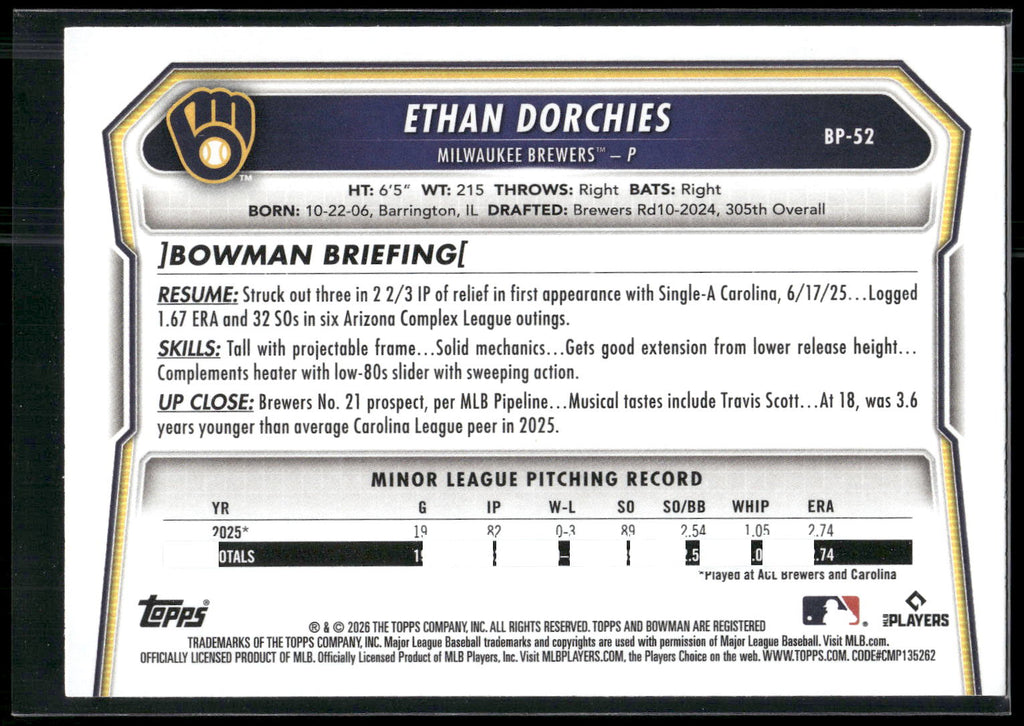 2026 Bowman #BP-52 Ethan Dorchies Prospects