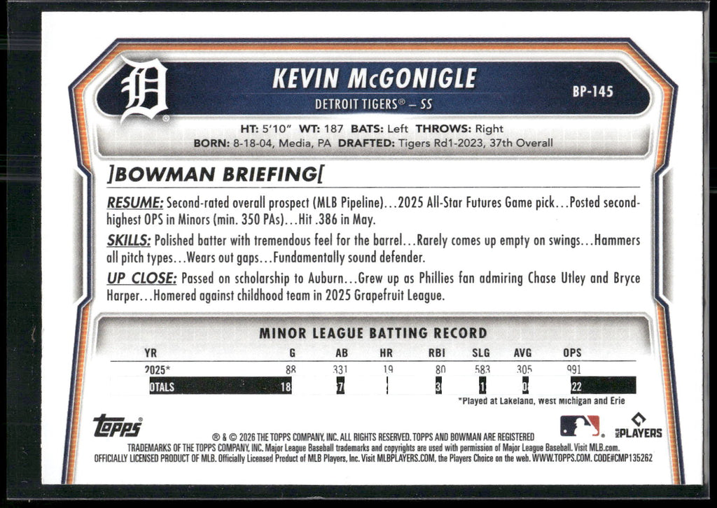 2026 Bowman #BP-145 Kevin McGonigle Prospects