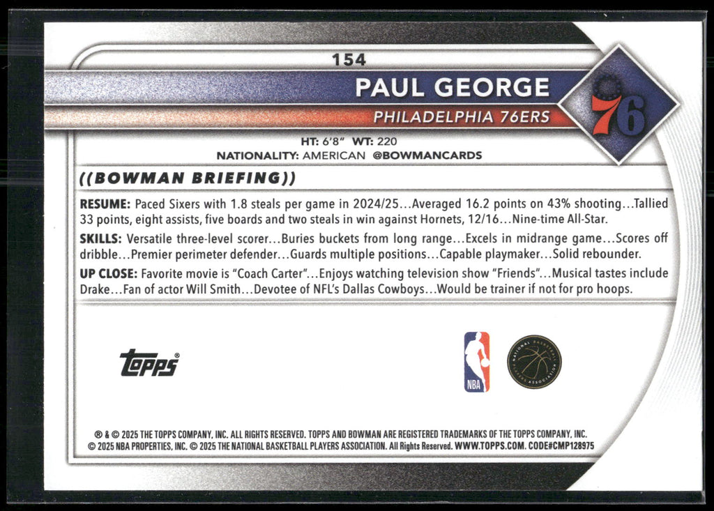 2025-26 Bowman #154 Paul George
