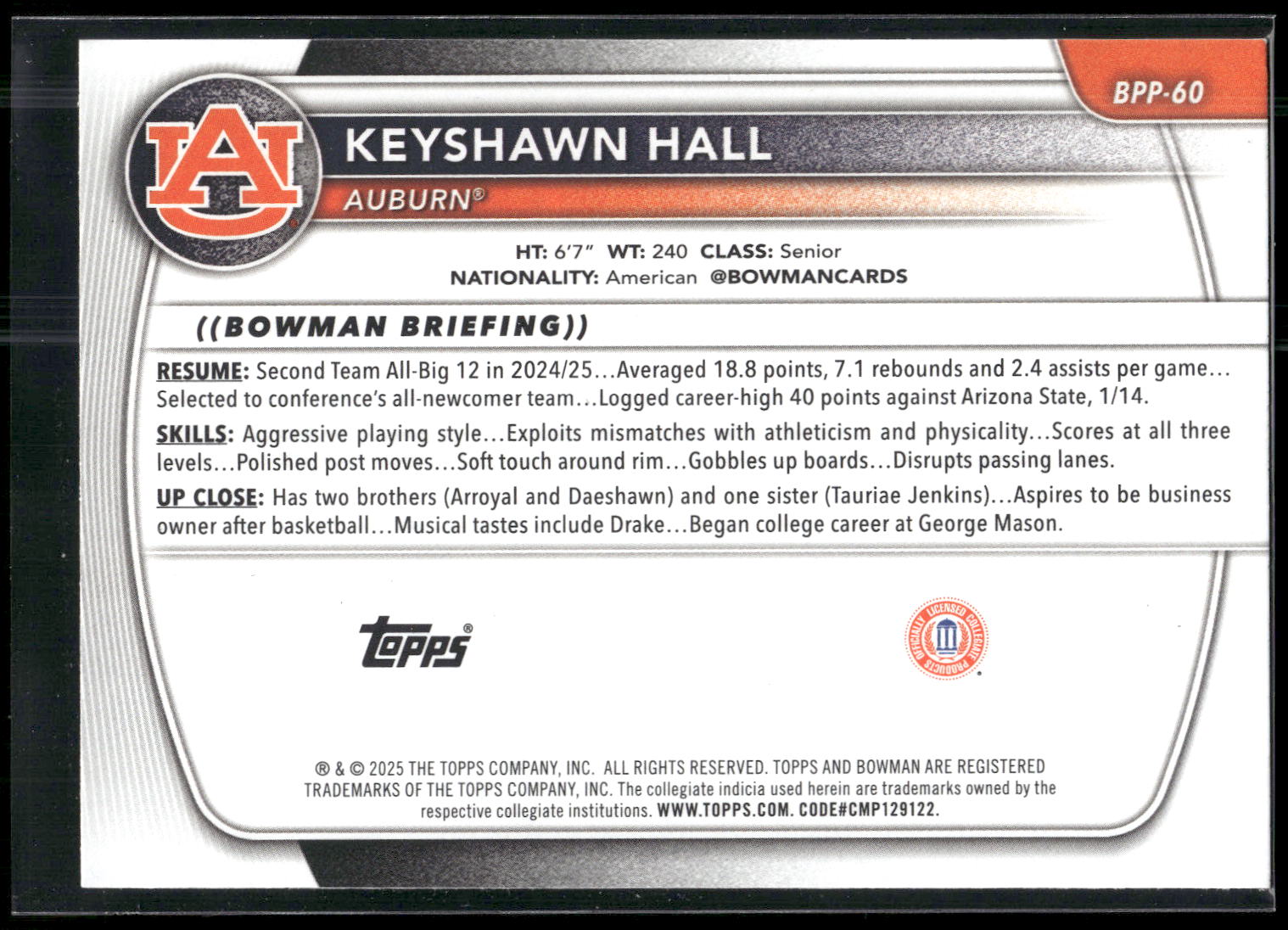 2025-26 Bowman #BPP-60 Keyshawn Hall Prospects