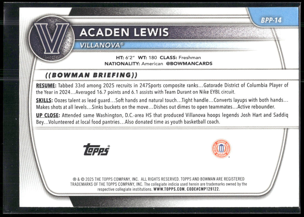 2025-26 Bowman #BPP-14 Acaden Lewis Prospects