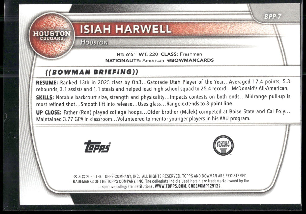 2025-26 Bowman #BPP-7 Isiah Harwell Prospects