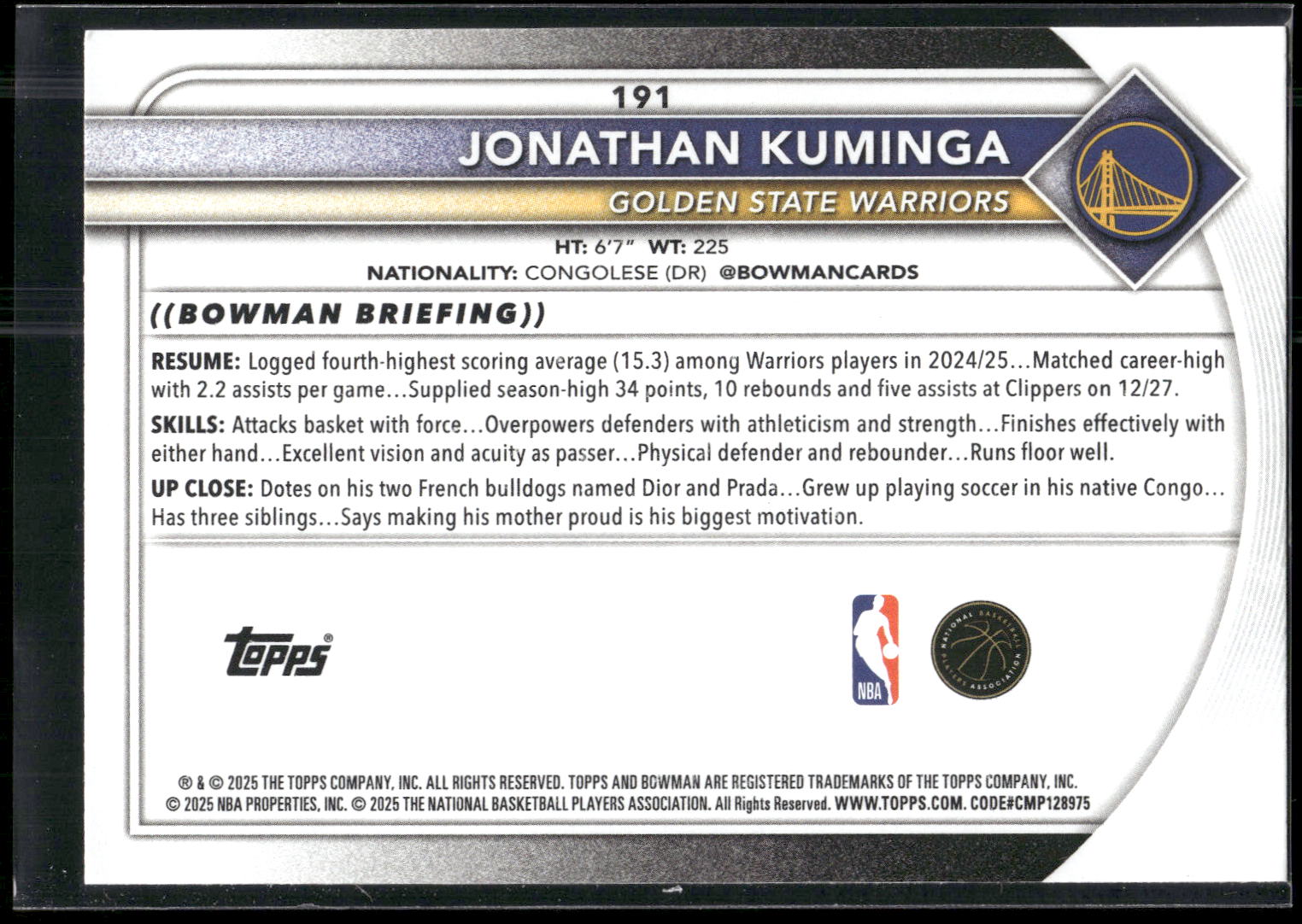 2025-26 Bowman #191 Jonathan Kuminga