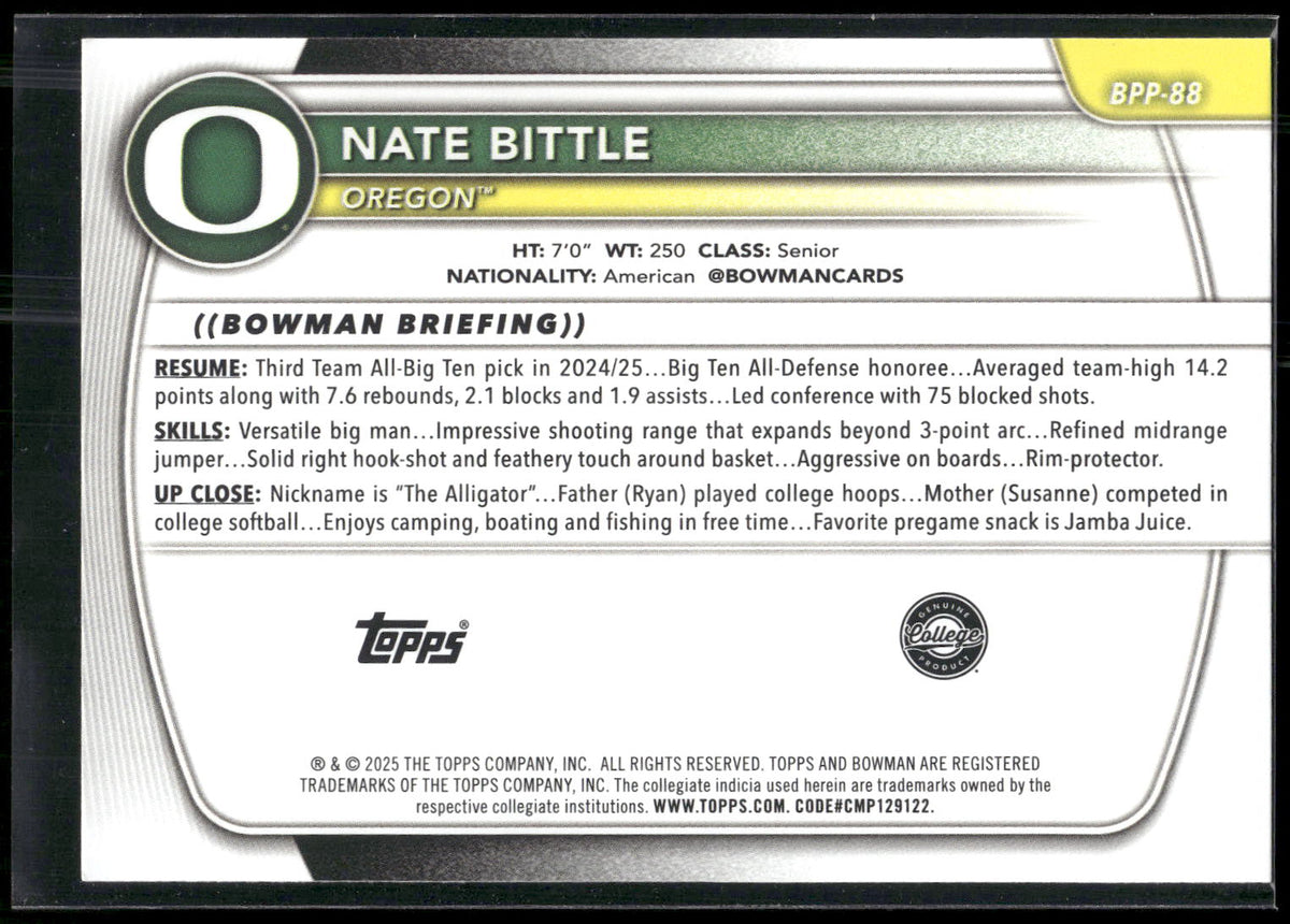 2025-26 Bowman #BPP-88 Nate Bittle Prospects
