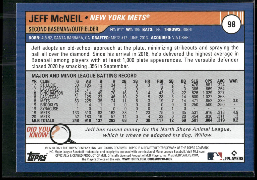 2021 Topps Big League #98 Jeff McNeil Orange