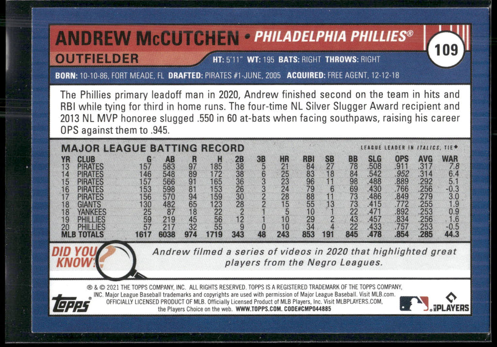 2021 Topps Big League #109 Andrew McCutchen Electric Blue