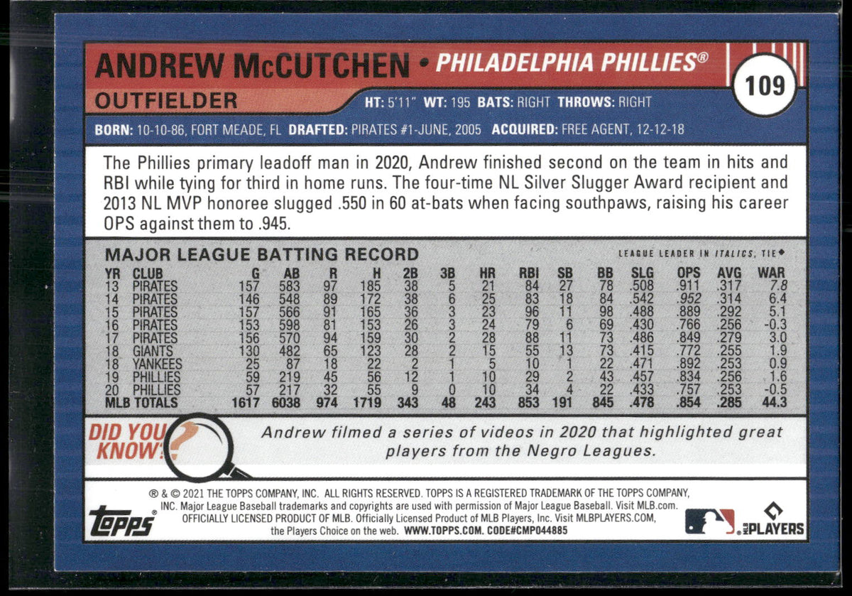 2021 Topps Big League #109 Andrew McCutchen Electric Blue
