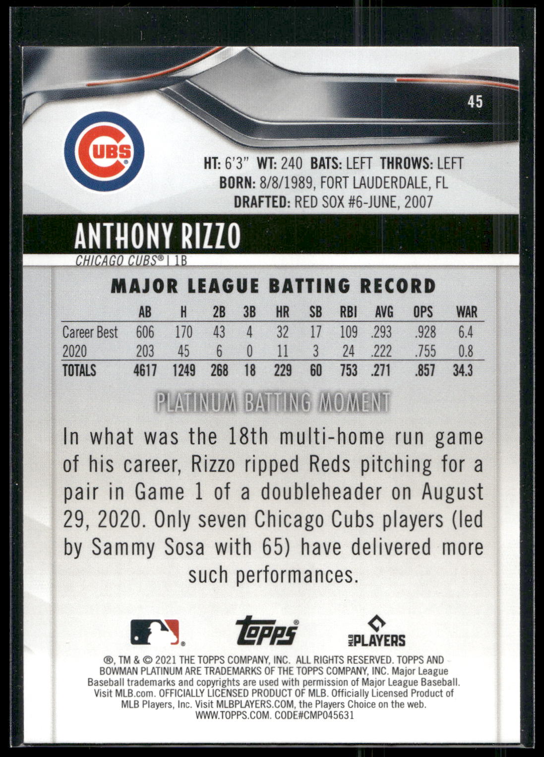 2021 Bowman Platinum #45 Anthony Rizzo