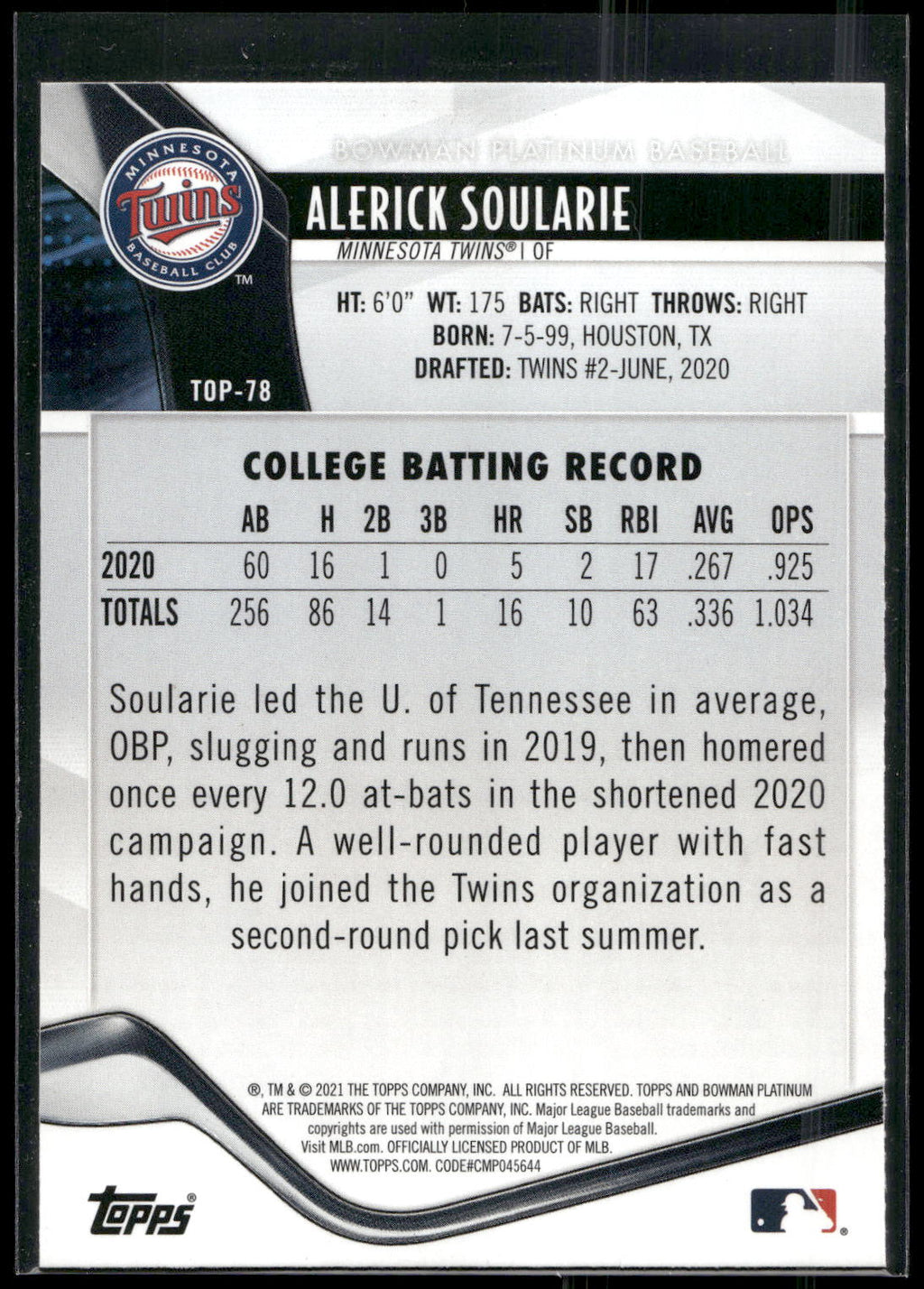 2021 Bowman Platinum #TOP-78 Alerick Soularie Top Prospects