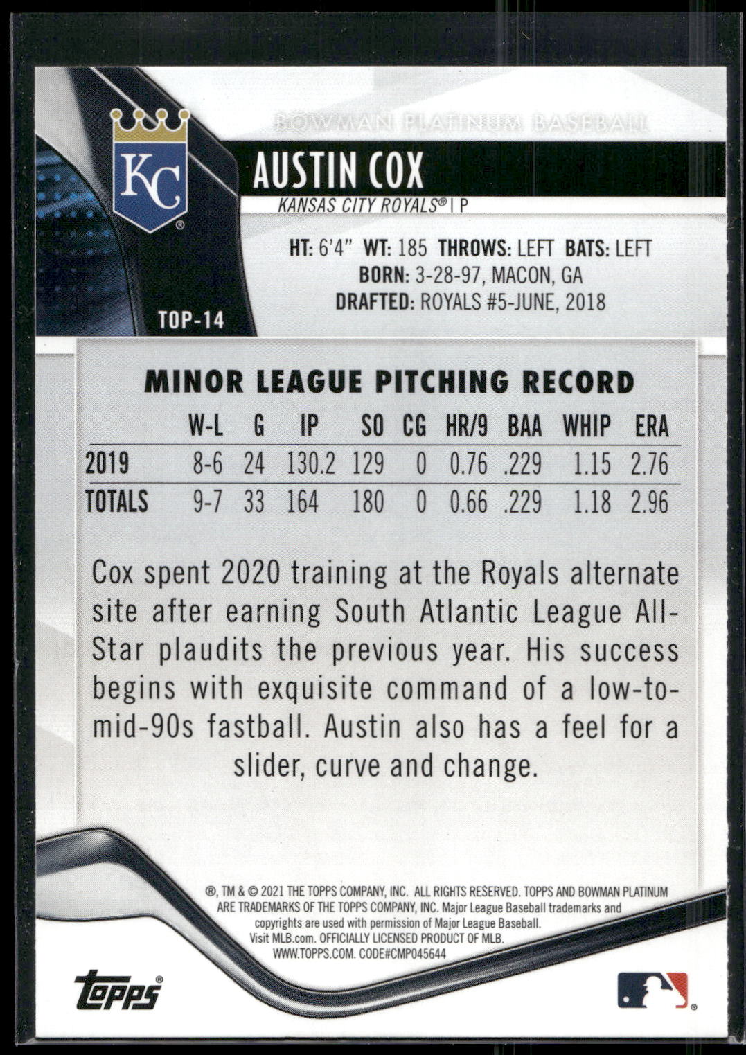 2021 Bowman Platinum #TOP-14 Austin Cox Top Prospects