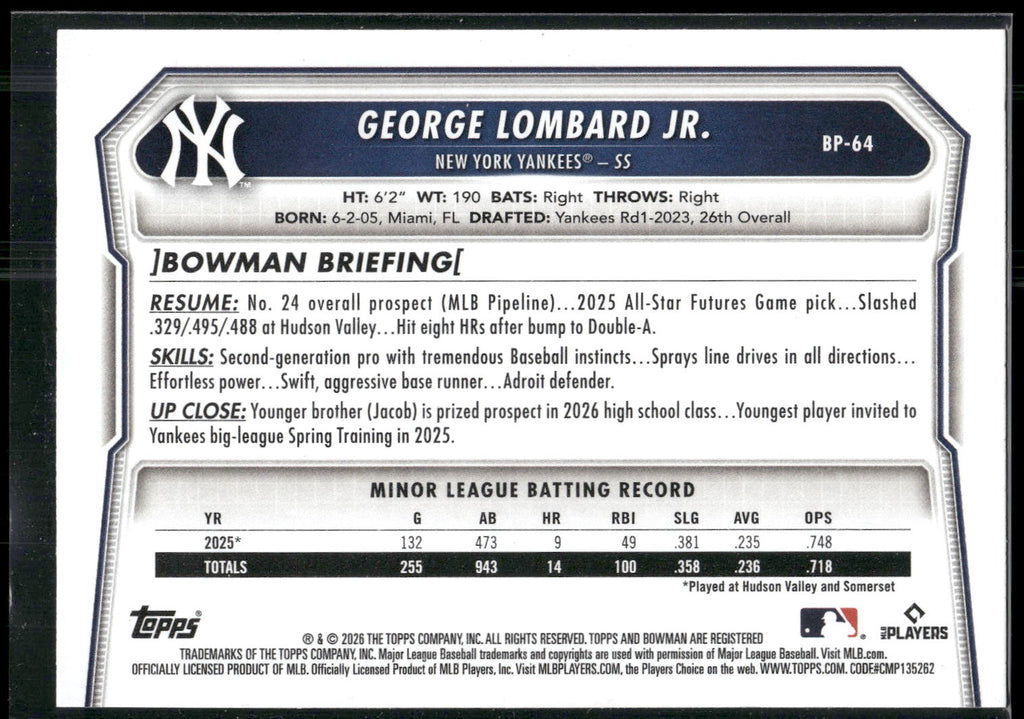 2026 Bowman #BP-64 George Lombard Jr. Prospects