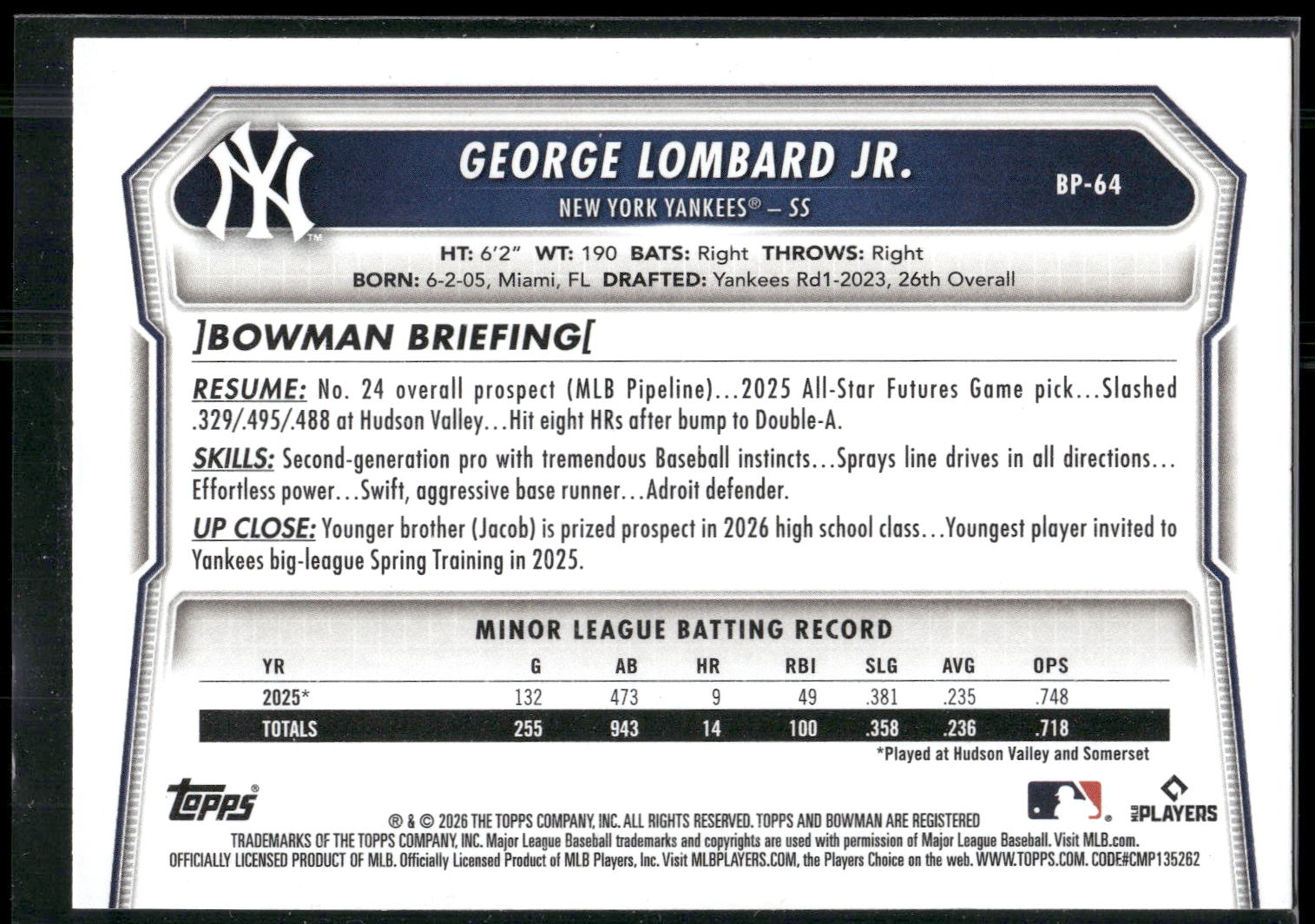 2026 Bowman #BP-64 George Lombard Jr. Prospects