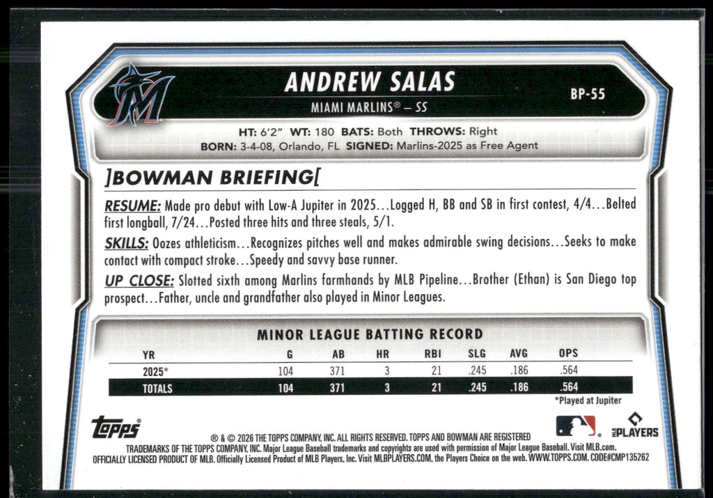 2026 Bowman #BP-55 Andrew Salas Prospects